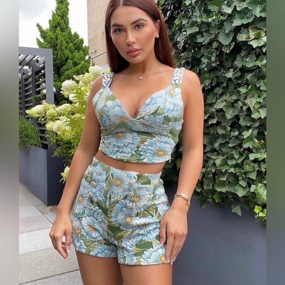 Zara 2 piece Jewel Jacquard Green Cropped Top and Shorts Matching Set